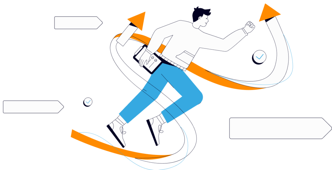 Illustration of a person running with arrows and checkmarks around them.