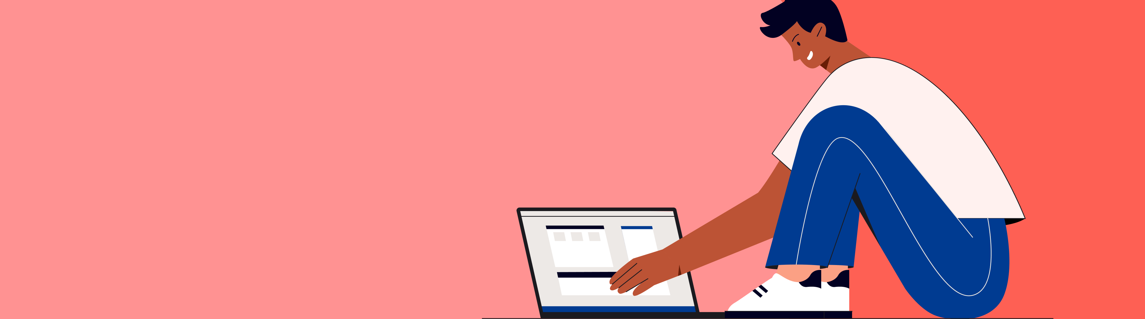 Illustration of a person sitting and using a laptop on a gradient pink background.