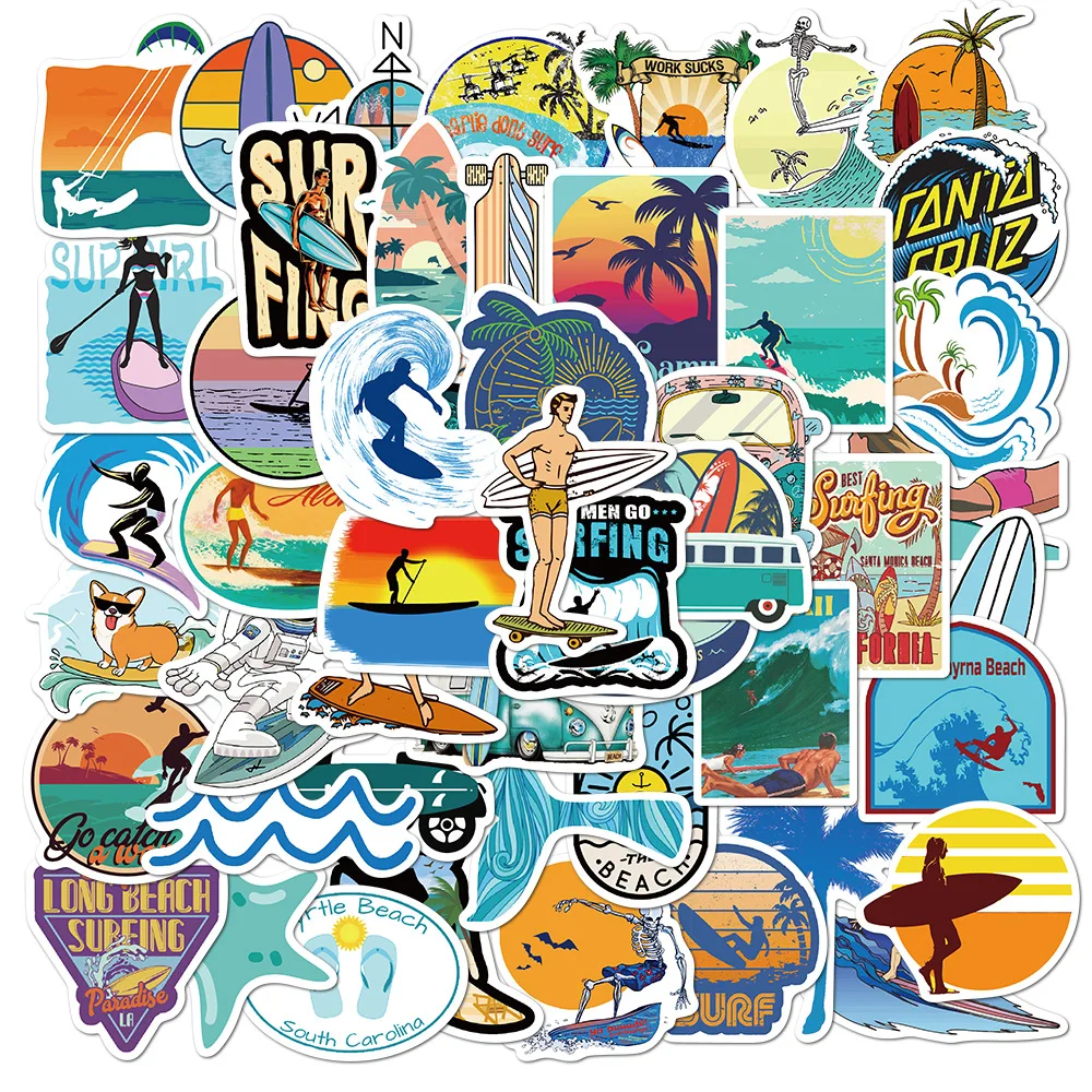 A collage of colorful surfing and beach-themed stickers.