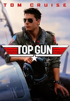 Pilot in a flight suit leaning on a jet with "Top Gun" logo and text overhead.