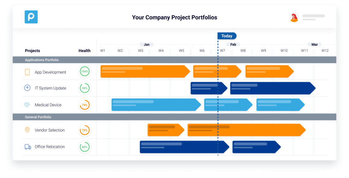 Project portfolio timeline with progress indicators for various applications and tasks.