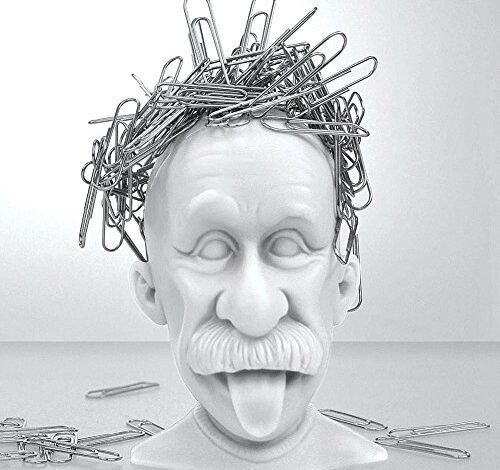 Bust with paperclip hair, sticking out tongue, on a plain background.