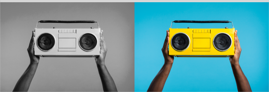 Hands holding boomboxes: one black and white, one yellow, against gray and blue backgrounds.