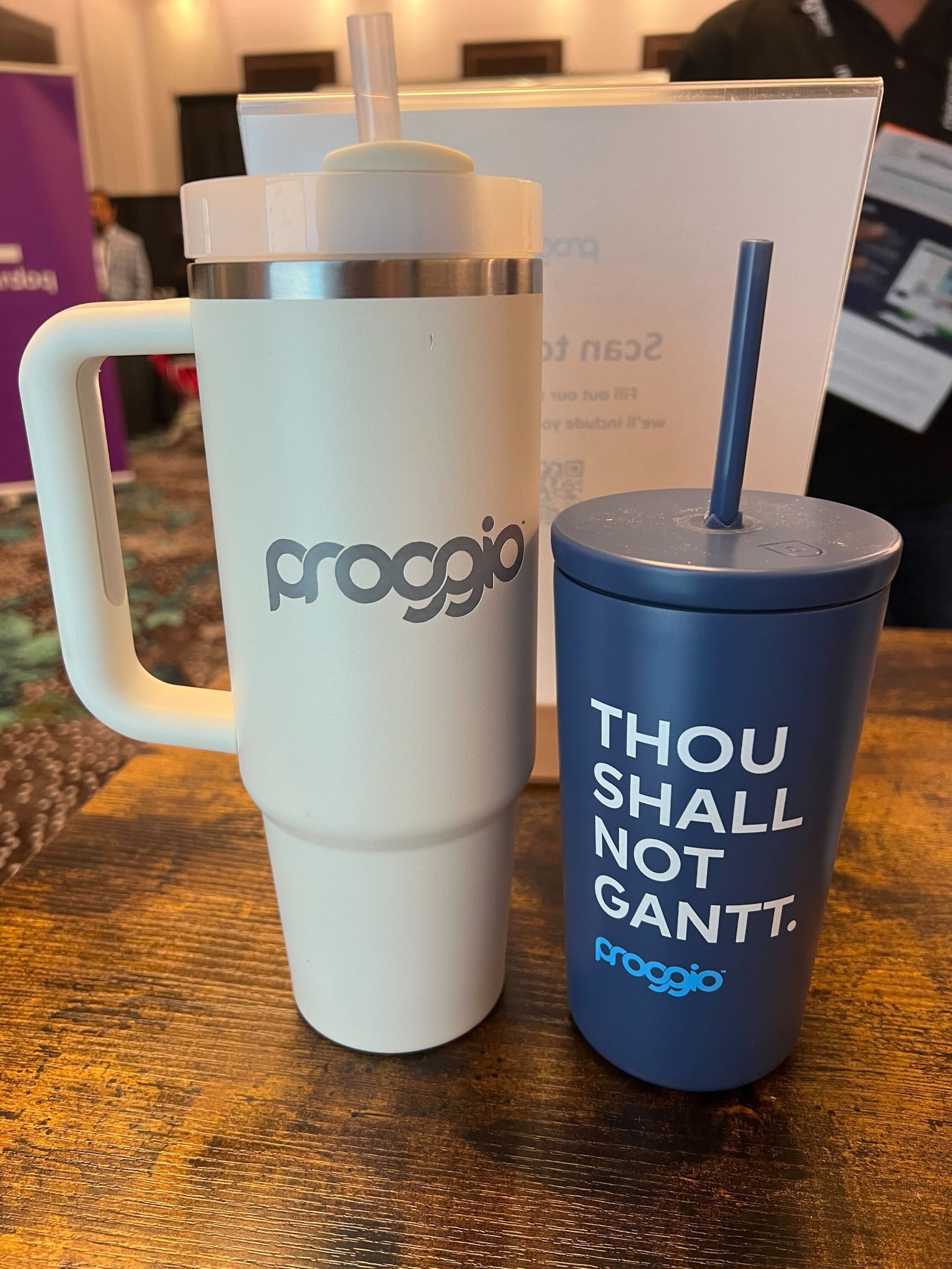 Two cups on a table, one reads "THOU SHALL NOT GANTT.