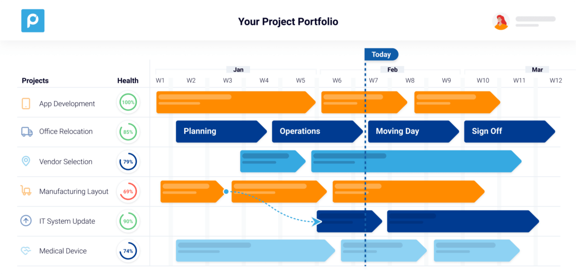 Project portfolio timeline with tasks and health status in a chart format.