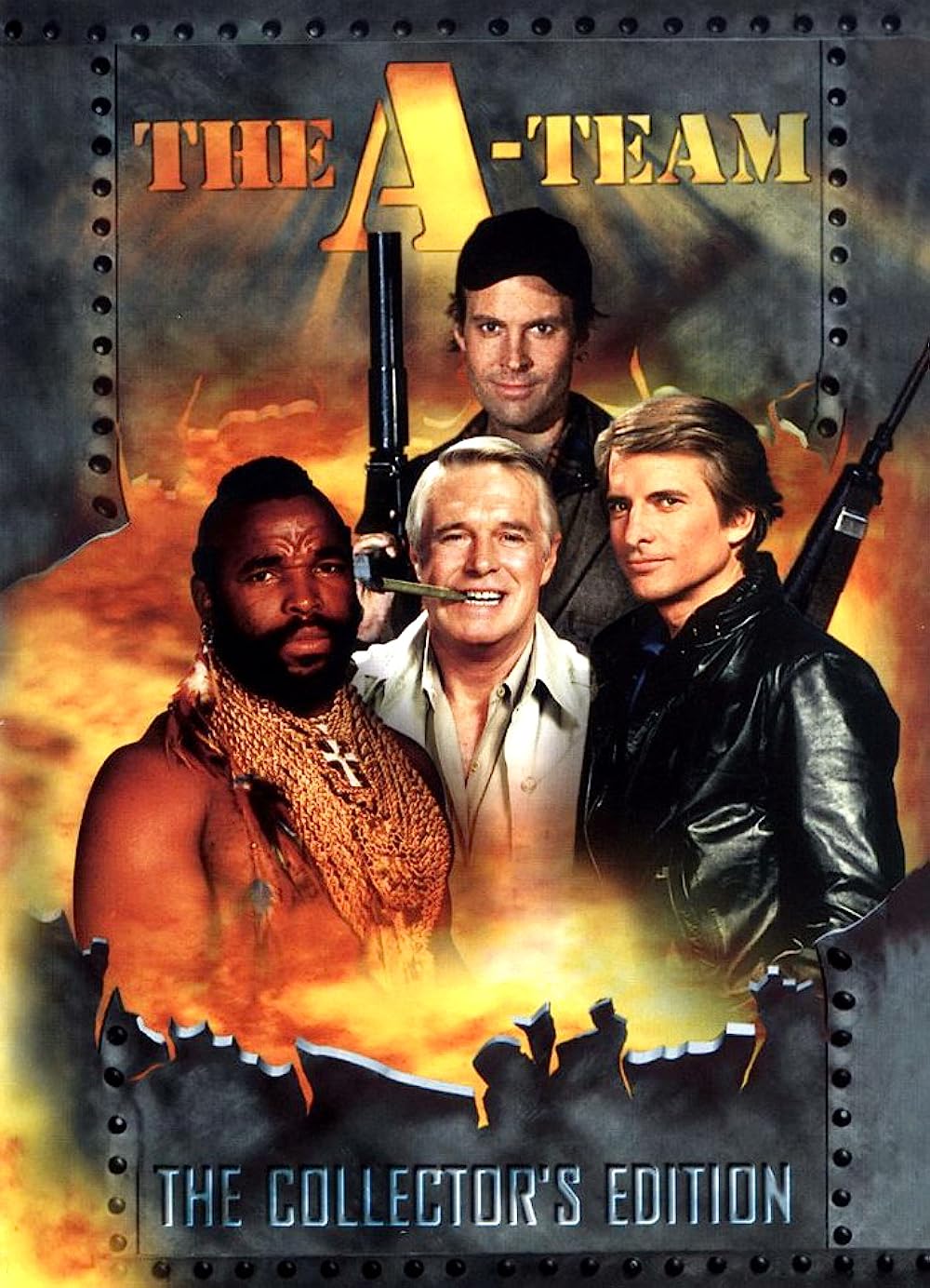 Poster of four characters from "The A-Team" with fiery background, titled "The Collector's Edition.