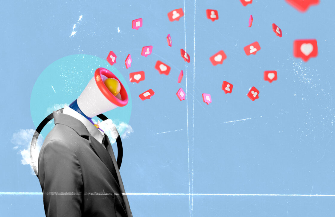 Surreal image of a man in a suit with a megaphone head, social media icons flying out.