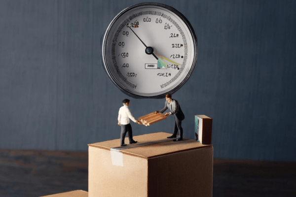 Two miniature figures move a box under a large gauge on a cardboard platform.